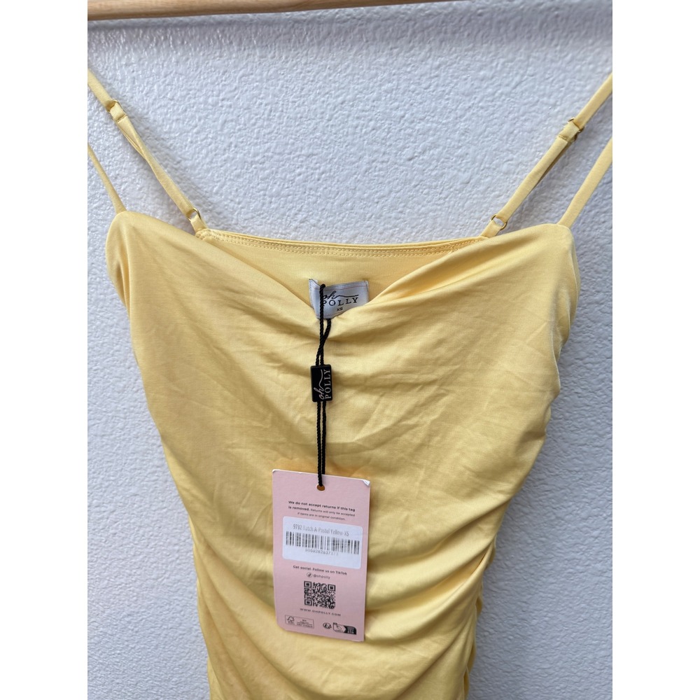 Oh Polly Anaisa Asymmetric Ruched Midi Dress Pastel Yellow XS Bodycon Sweetheart - Picture 3 of 6